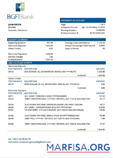 Printable Cameroon BGFI Bank statement word template